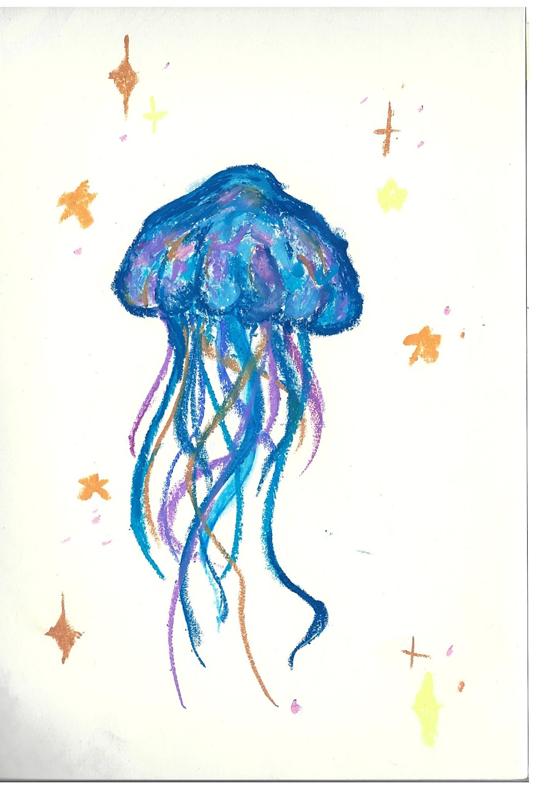 Colour drawing of a glowing jellyfish surrounded by small stars