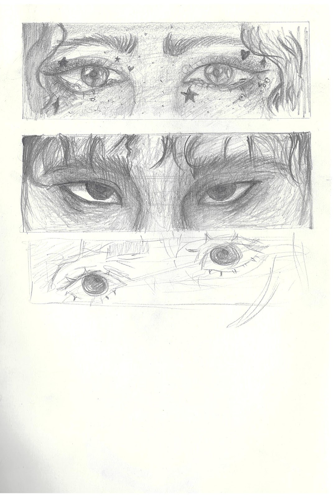 Detailed pencil studies of pairs of eyes from different angles