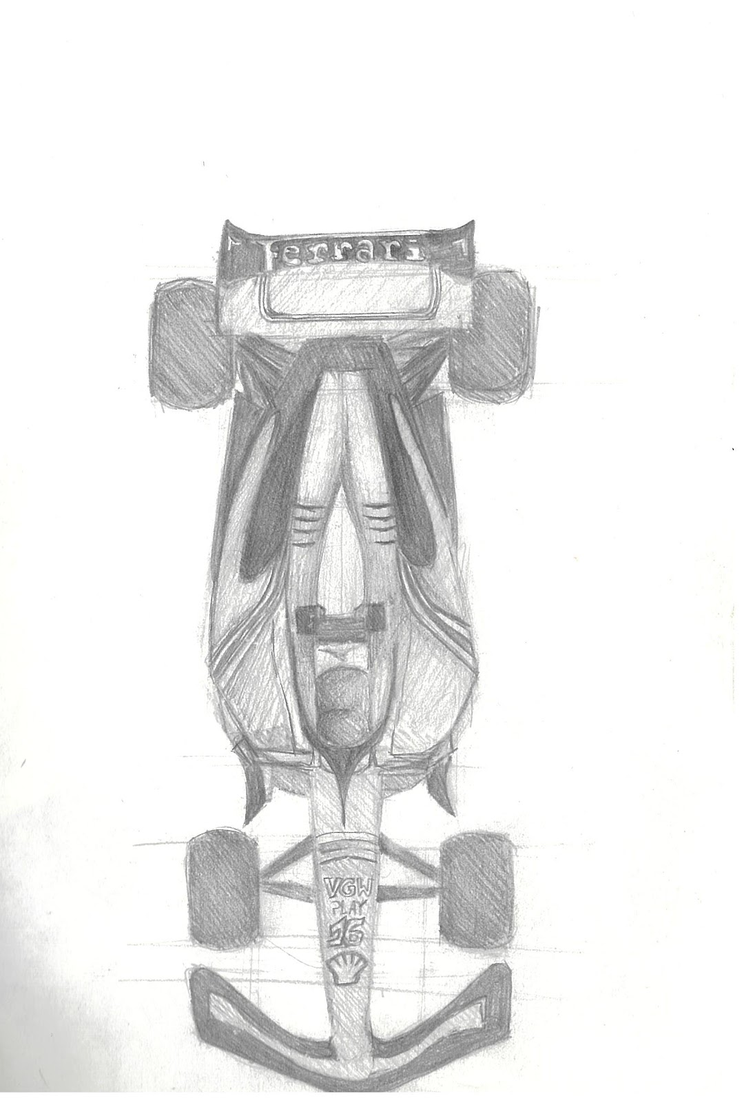 Top-down pencil drawing of a Ferrari Formula 1 car