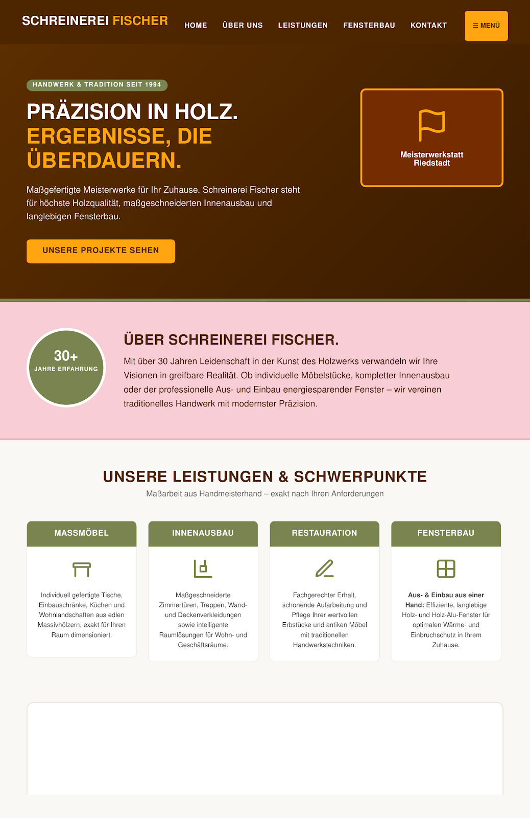 Das fertige Webdesign-Grundgerüst für Schreinerei Fischer in Figma